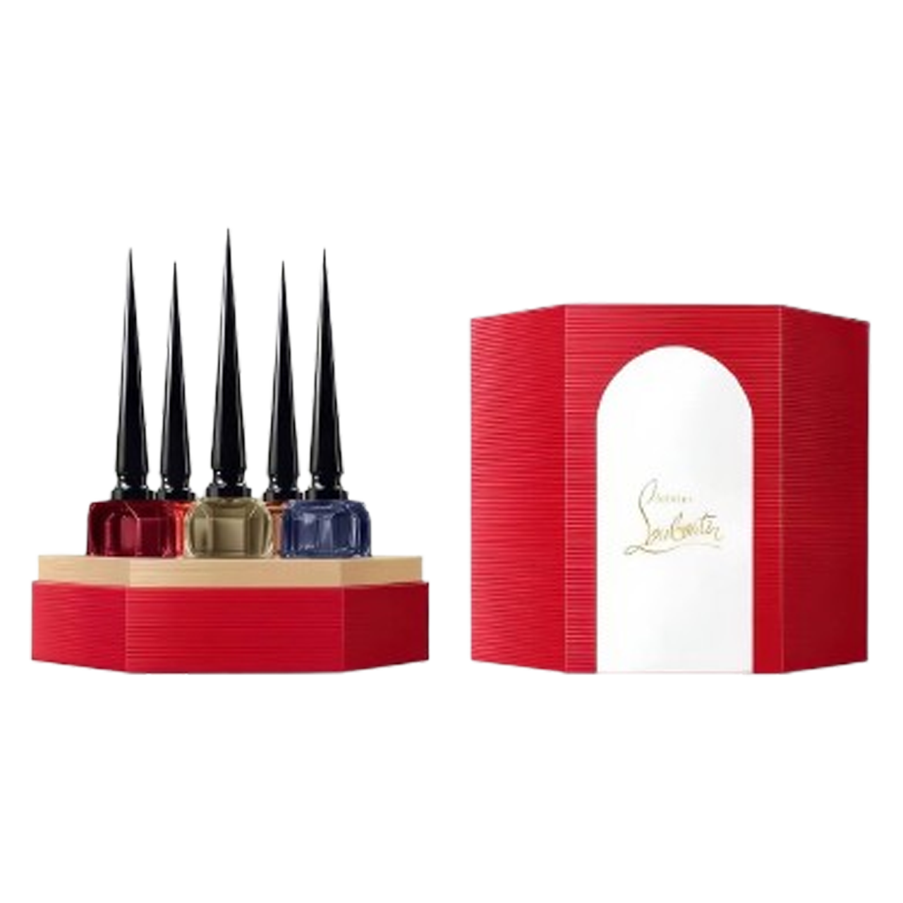 סט מיניאטורות Christian Louboutin Fétiche Collection – 5 בשמי EDP, 9 מ״ל כל אחד, בקבוקי זכוכית עם פקק סטילטו