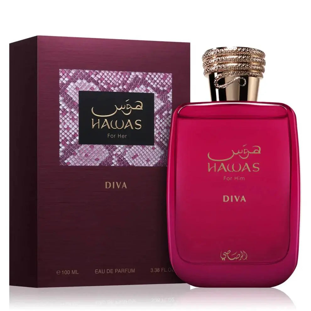 מארז מלא הכולל בקבוק ואריזה של בושם Hawas Diva לנשים 100 מ"ל, חוויית רכישה יוקרתית ושלמה של מותג רסאסי.