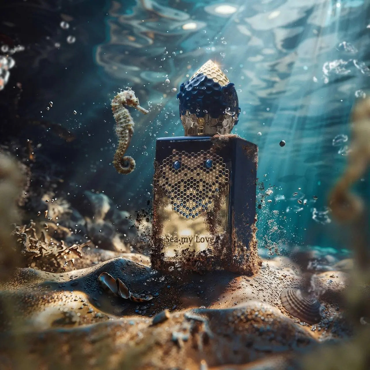 תקריב תווית הבקבוק Sea My Love – מראה יוקרתי ומדויק